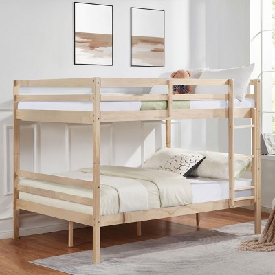INFURNIC Beds Full Over Full Bunk Bed with Guardrails Sturdy Wooden Frame and Ladder No Box Spring Needed, Brown, 78.35"*59.06"*61.81"