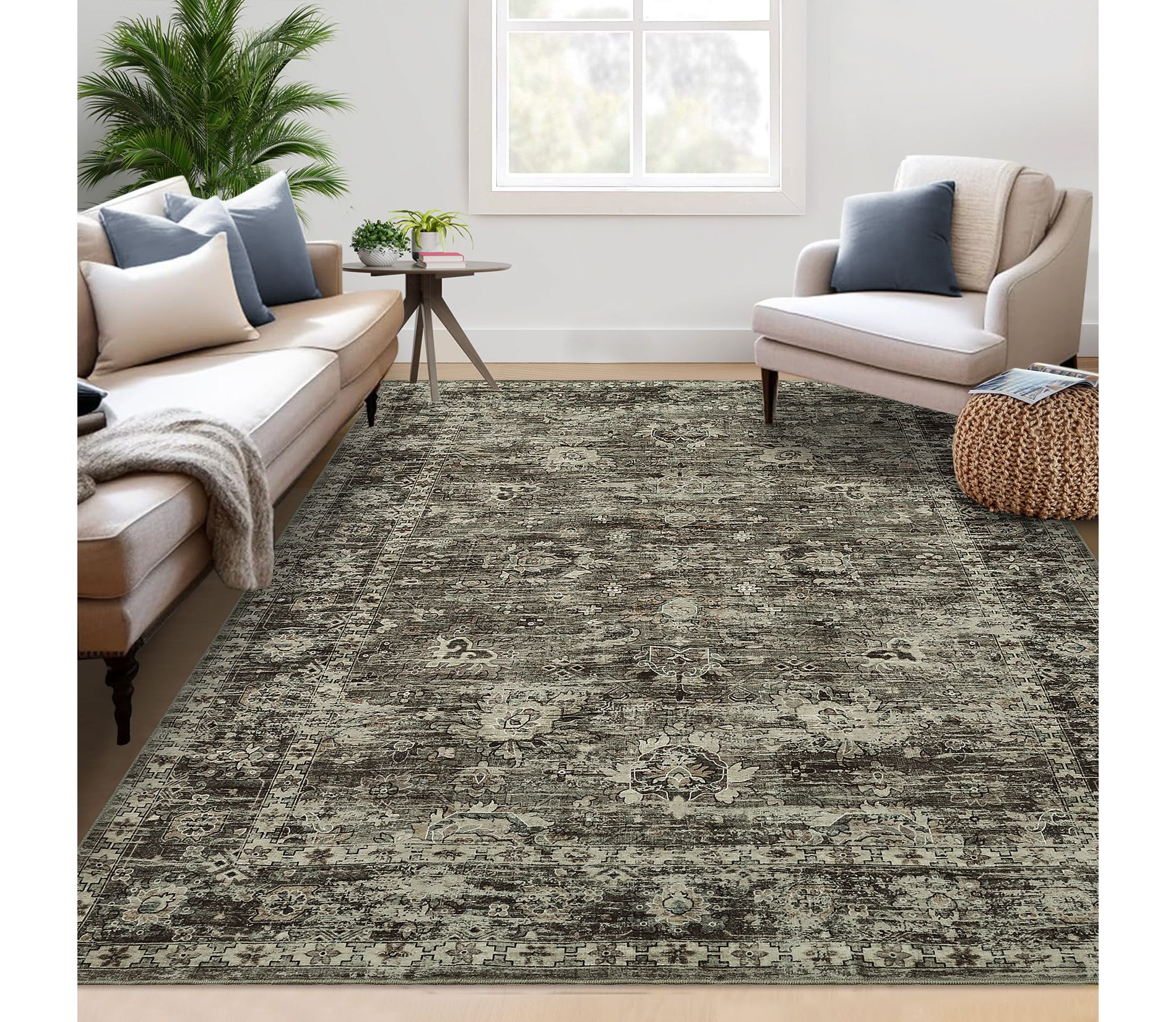 Washable Rug 5x7 Vintage Oriental Rug for Living Room, Retro Carpet with Non Slip TPR Rubber Backing, Soft Low Pile Thin Floor Covering