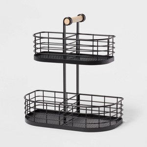 2 Tier Divided Wire Basket with Wood Handle Black - Brightroom™: Iron Storage & Organization, Decorative Rectangle - 1 of 3