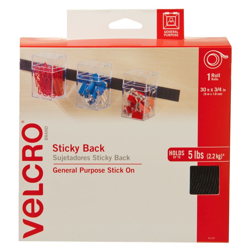 VELCRO Brand Hook and Loop Sticky Back Tape Roll, 30 Feet x 3/4 Inches, Black, 1 of 3