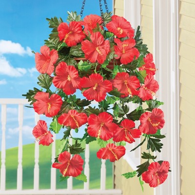 Red Artificial Hibiscus Hanging Bush Set for Outdoor Summer Decor