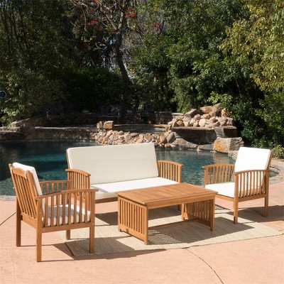 4-Piece Patio Sofa Set, Outdoor Wood Loveseat With Slat Backrest, 2 Armchairs With Water-resistant Cushion, Acacia Wood Coffee Table, Brown