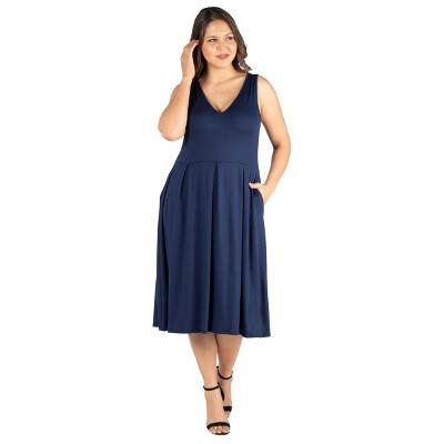 24seven Comfort Apparel Plus Size Sleeveless Midi Pocket Dress-navy-2x ...