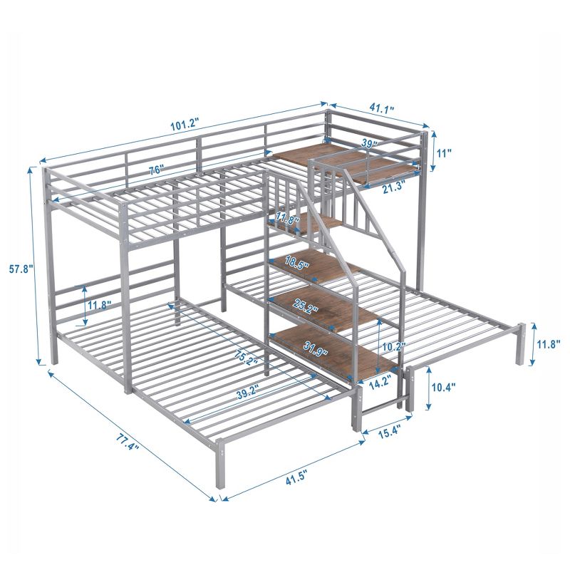 Metal Twin over Twin & Twin Bunk Bed, Triple Bunk Bed with Storage Shelves Staircase - ModernLuxe, 3 of 10