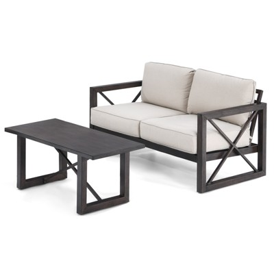 Tangkula 2 Pieces 2-Person Patio Outdoor Loveseat Sofa with 6" Thick Cushion and Coffee Table Set for Garden Beige