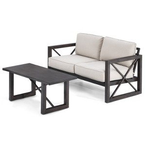 Tangkula 2 Pieces 2-Person Patio Outdoor Loveseat Sofa with 6" Thick Cushion and Coffee Table Set for Garden Beige - 1 of 4