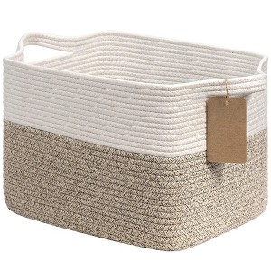 Aoibox Woven Storage Basket Cotton Rope Rectangle 13 x 10 x 9 in with Handles Label for Closet Toys Books Brown White - 1 of 4