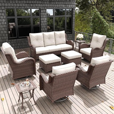 LayinSun Outdoor Patio Furniture Set, Brown Rattan Wicker Sectional Swivel Rocker Chairs Sets with Ottomans, Swivel Glider Chair