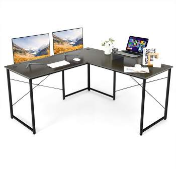 Costway L-Shaped Reversible Computer Desk 2-Person Long Table w/Monitor Stand Brown