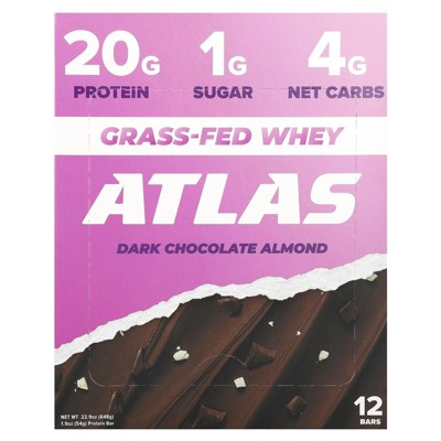 Atlas Bar Grass-Fed Whey Protein Bar, Dark Chocolate Almond, 12 Bars, 1.9 oz (54 g) Each