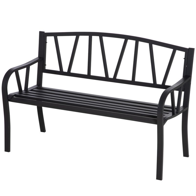 Outsunny Metal Garden Bench, Black Outdoor Bench for 2 People, Park-Style Patio Seating Decor with Armrests & Backrest, Black, 4 of 9