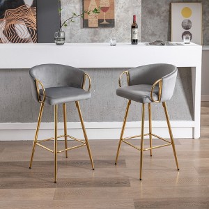 30" Velvet Bar Stools Set of 2 with Chrome Footrest and Metal Legs for Kitchen, Dining, or Bar - 1 of 4