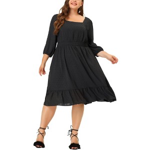 Agnes Orinda Women's Plus Size Square Neck Swiss Dots Wedding Empire Waist Ruffle Hem Chiffon Midi Dresses - 1 of 4