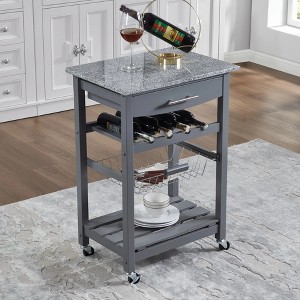 Wooakway 33.5"H Indoor Kitchen Island Trolley Serving Cart with Stainless Steel Marble Top Underneath Drawer Basket Wine Rack Lockable Casters - 1 of 4