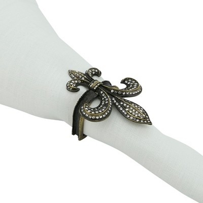 Black Fleur-de-Lis Napkin Rings with Stones - Set of 4