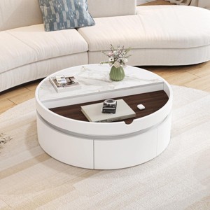 29.5" White Modern Round Lift-Top Coffee Table with Marble and Wood Grain Finish, Hidden Storage and Drawer for Living Room -3irtyhousy - 1 of 4