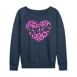 Women's - Barbie - Leopard Heart Lightweight French Terry Wide Neck Long Sleeve Shirt - 1 of 4