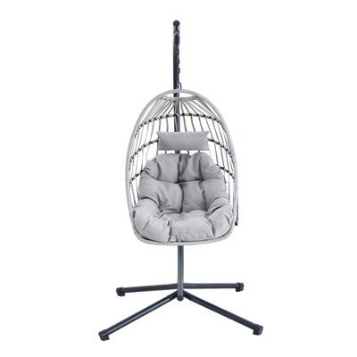 Infurnic Patio Swings Heavy Duty Iron Hanging Chair with Wicker Weave, Single Person Swing for Indoor and Outdoor, Gray, 37"*36.61"*78.74"
