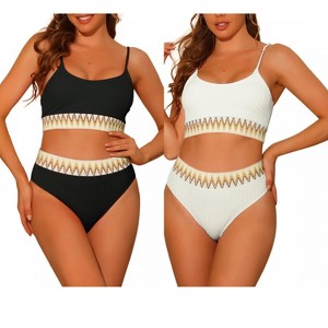 Elerevyo Women's High Waisted Ribbed Adjustable Spaghetti Straps Push Up Swimsuit Bathing Suits 2 Sets - 1 of 4