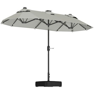 Double-sided Outdoor Patio Umbrella with Solar Lights and Base, Dining Table Umbrella Push Button Tilt