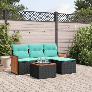 5 Piece Patio Sofa Set with Cushions Black Poly Rattan vidaXL - 1 of 3