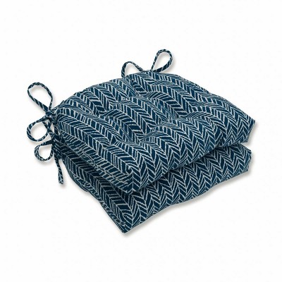 Set of 2 Indoor/Outdoor Herringbone Reversible Chair Pad Blue - Pillow Perfect: Tufted, with Ties, Square Shape