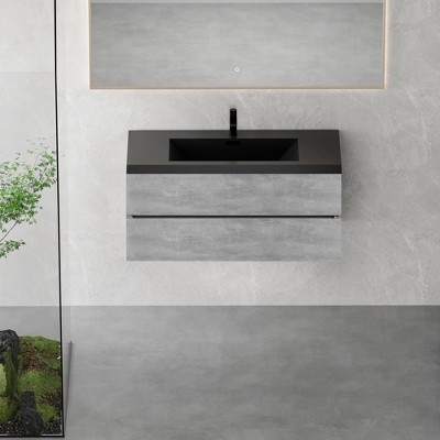 Whisen Minimalist Floating Wall-Mounted Bathroom Vanity with Integrated Quartz Sand Sink and  Storage Drawers - Grey