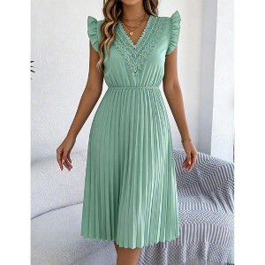 adelyn rae crochet lace v-neck flutter short sleeve midi dress YESFASHION Women Ruffle Cap Sleeve Crochet Lace V Neck Elastic High Waist Pleated Swing Midi Dress,L,Green