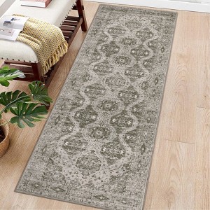 Area Rug Retro Boho Pattern Washable Ultra-Thin Non Slip Living Room Dining Bedroom & Office Dark Green - 1 of 4