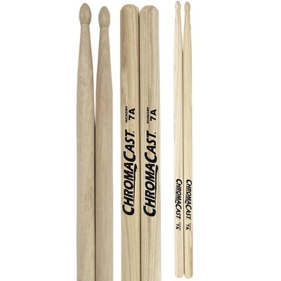 ChromaCast 7A USA Made Hickory Drumsticks Pair - Wood Tipped - Drum Sticks Tour Tested by Pro Drummers - Real American Hickory Wood