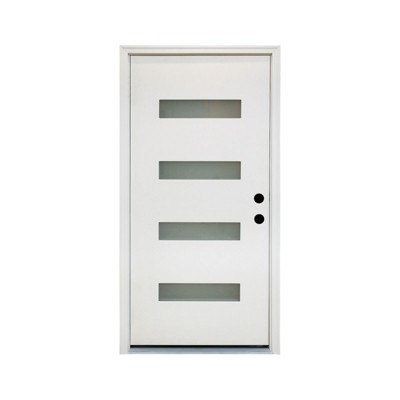 36 x 80 Fiberglass Entry Door with Brickmould, 4-Lite Frosted Glass - Contemporary Style for Home's Front Entrance