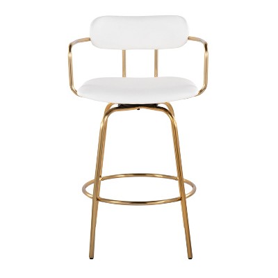 White Faux Leather and Gold Metal Swivel Counter Stool Set