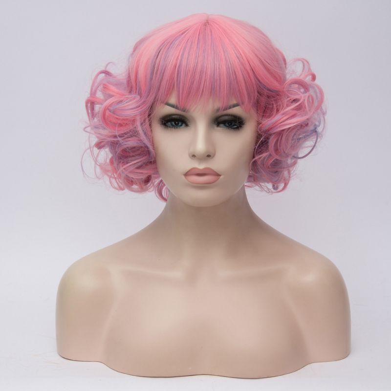 Unique Bargains Curly Women's Wigs 12" Pink Blue Highlight with Wig Cap, 2 of 7