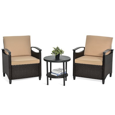 Tangkula 3-Piece Rattan Sofa Chair Patio Conversation Set with Coffee Table & Cushions