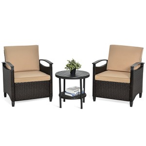 Tangkula 3-Piece Rattan Sofa Chair Patio Conversation Set with Coffee Table & Cushions - 1 of 4