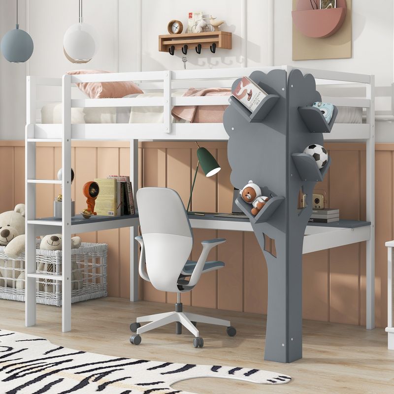 Twin Size Loft Bed with L-Shaped Desk, Tree-Shaped Bookcase and Charging Station, White + Gray - ModernLuxe, 1 of 12