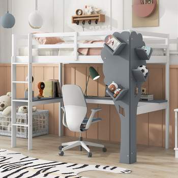 Twin Size Loft Bed with L-Shaped Desk, Tree-Shaped Bookcase and Charging Station, White + Gray - ModernLuxe