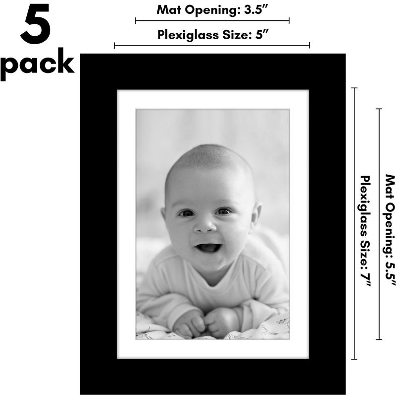 Americanflat 5 Pack of Picture Frames with Mat - Plexiglass Cover, 3 of 9