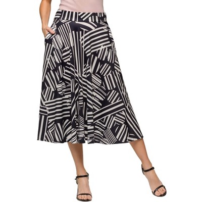 24seven Comfort Apparel Womens Black Geometric Print Elastic Waist Pocket Midi Skirt