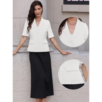 INSPIRE CHIC Women's Shawl Collar Short Sleeve Summer Button Business Casual Office Suit Blazer Medium White — фото 2