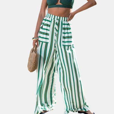 Women's Green Vertical Striped Elastic Waist Pants - Cupshe