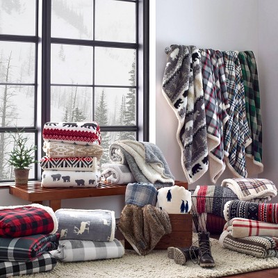 Gray and Red Plaid Sherpa Fleece Reversible Throw Blanket, 50"x60"