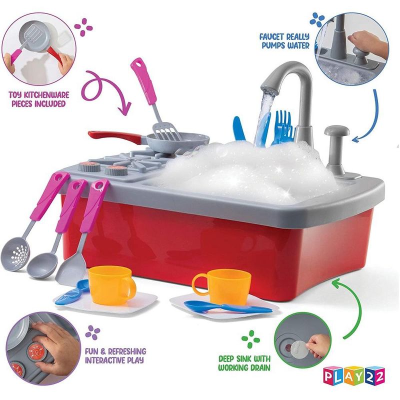 Kitchen Sink Toy 17 Set - Play Sink Pretend Toy With Running Water - Kids Toy Sink With Real Faucet & Drain, Dishes, Utensils & Stove - Play22usa, 5 of 11