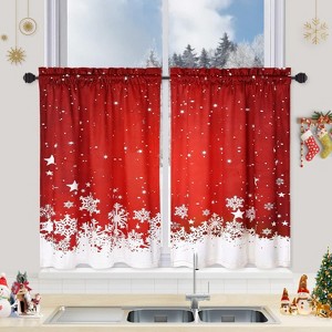 Red Velvet Christmas Kitchen Curtains Set of 1/2 - Thermal Insulated Snowflake Floral Cafe Curtains for Window, Room Darkening Short Curtains - 1 of 4