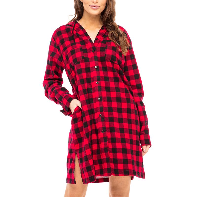 Women's Soft Warm Flannel Sleep Shirt with Hood, Button Down Pajama Top, 1 of 6