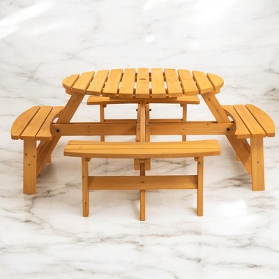 8-Person Wooden Picnic Table with 4 Built-in Benches, Outdoor Camping Dining Table with Umbrella Hole for Garden, Patio, DIY Customizable-Natural