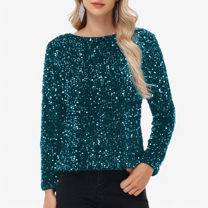 Anna-Kaci Women's Long Sleeve Sequin Top Round Neck Sparkle Blouse - 1 of 4