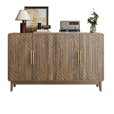 Lirago Vintage Sideboard Cabinet with Storage 55 Inch Large Accent Cabinet with 4 Doors Solid Wood Triangular Block Panels Nature