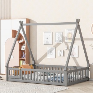 Fontoi Beds, Full Size Bed with Guardrails and Slats, Wood Bed with Fence and Door for Girls and Boys, Gray, 61.7"*71.8"*78.2" - 1 of 4