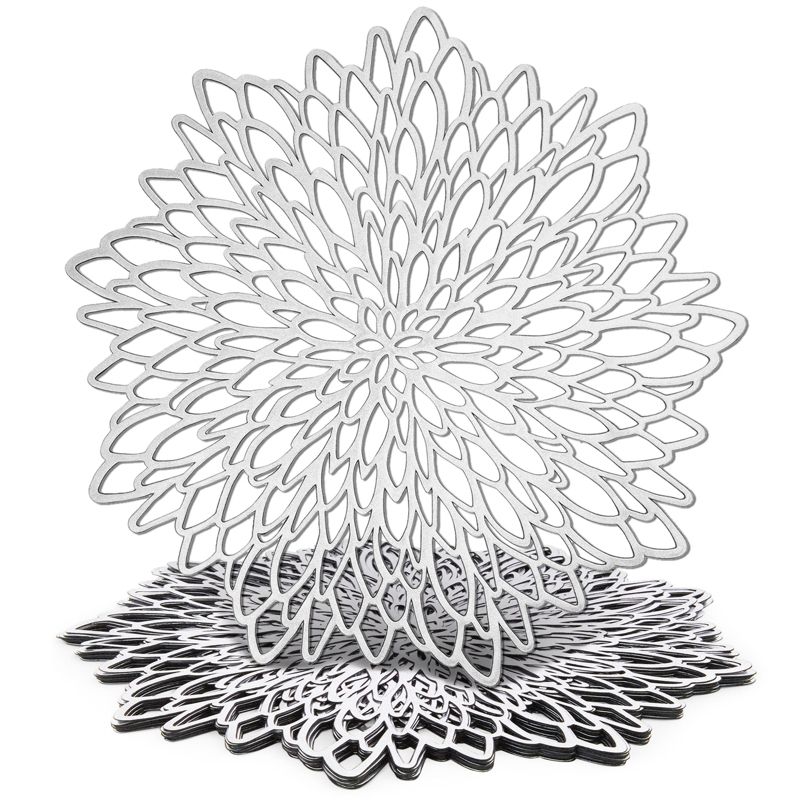 10 Pack Silver Metallic Vinyl Placemats for Thanksgiving, Christmas, Holiday, Leaf Design, 14.4 in, 1 of 9